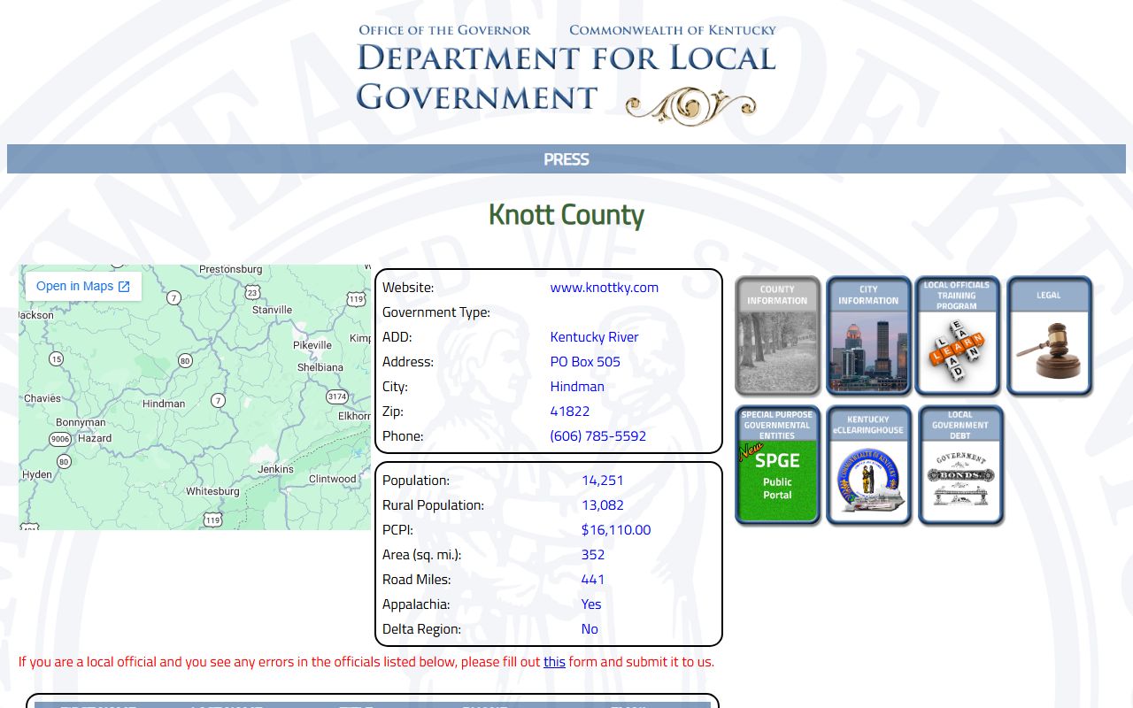 Knott County court records local official profile from Kentucky DLG
