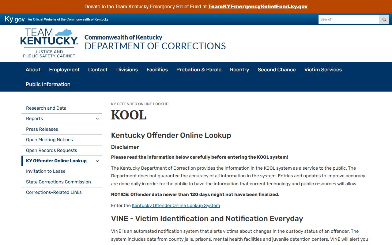 Knott County inmate records through Kentucky DOC KOOL information