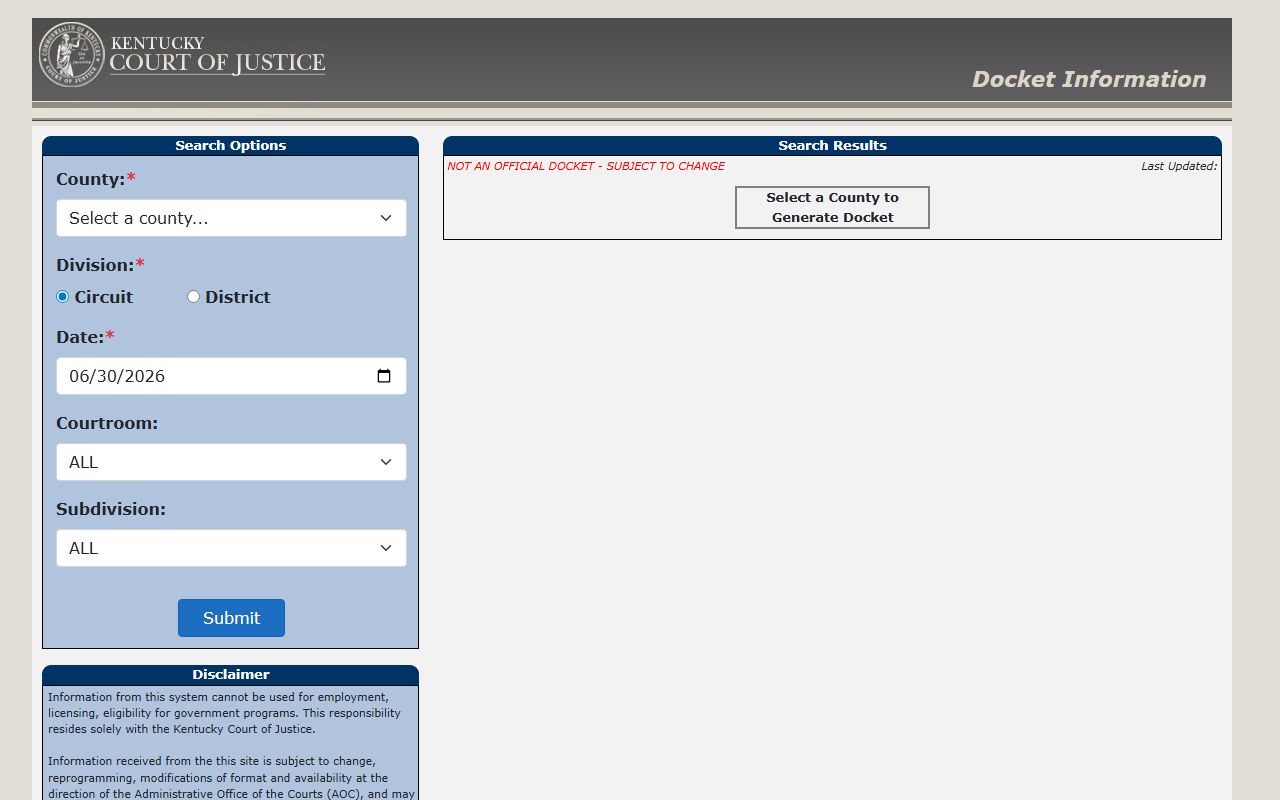 Knott County court dockets in Kentucky trial court portal