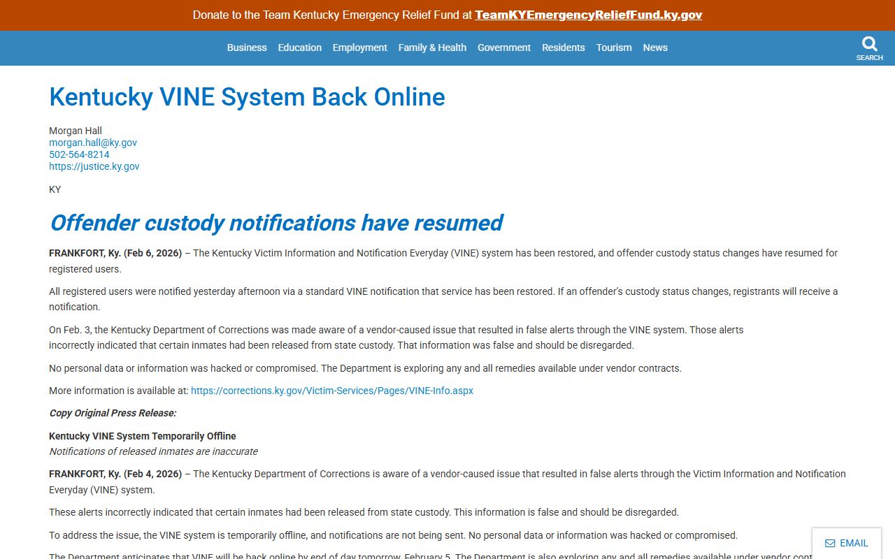 Knott County inmate records Kentucky VINE restoration notice