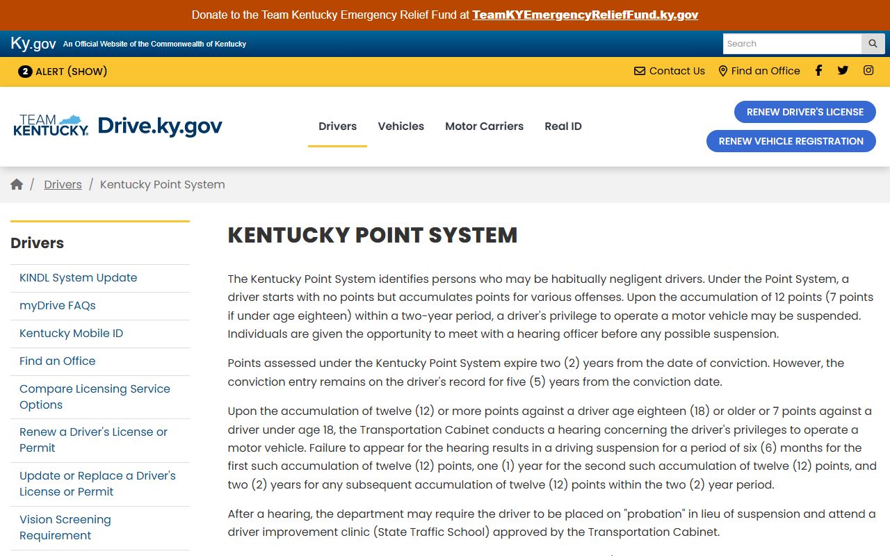 Knott County traffic court records Kentucky point system