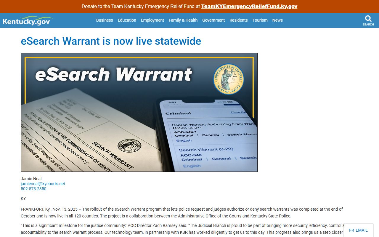 Knott County warrant search Kentucky eSearch Warrant statewide rollout